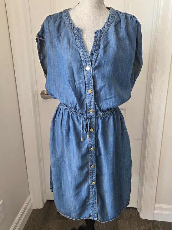 SPANNER Dresses & Skirts - Spanner chambray dress elastic waist cap sleeves button down size 14
